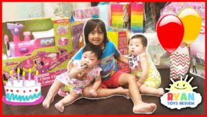 Twin’s 1st Birthday Party Surprise Toys Opening Presents with Ryan ToysReview Emma and Kate