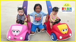 Twin Babies riding Step2 Push Around Buggy Car! Family Fun Kids Playtime with Ryan ToysReview