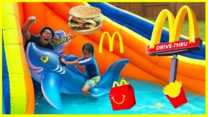 McDonald’s Drive Thru Prank Bad Kid On Inflatable Car Toys on Water Slides Kids Pool