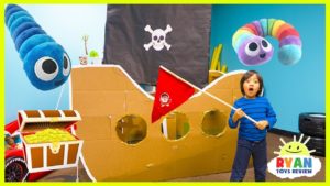 Ryan Pretend Play with Pirate Ship Box Fort and Hunt for Treasure!