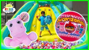 Huge Surprise Toys Challenge with Surprizamals, Squeezamals, and Shimmeez on the Inflatable Slide!!!