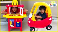 Ryan’s Drive Thru Pretend Play on Kids Power Wheels Ride on Car with Emma and Kate!!!