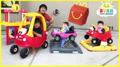 Ryan plays outside with pretend cars and his sister Emma and Kate